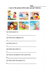 English worksheet: What can / cant Heidi do?