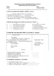 English worksheet: an exam for grade 8