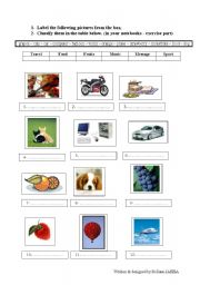 English Worksheet: Semantic Fields (ood, fruits, travel, music, messages, sport)