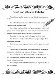 English worksheet: food and cheese kebabs comprehension