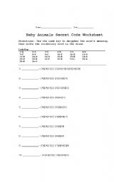 English worksheet: Baby Animals Secret Code Worksheet