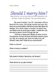 English Worksheet: Should I Marry Him - Giving Advice