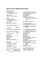 English Worksheet: Since You Have been Gone Song for  Present Perfect