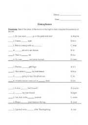 Homophones Matching Sheet