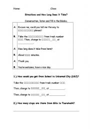 English Worksheet: Directions and How Long Does it Take?