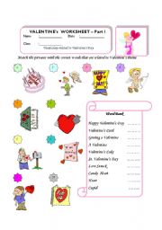 English Worksheet: Valentine Vocabulary Match Part - 1