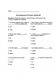 English Worksheet: Homophones