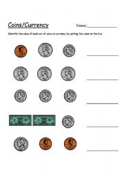 English Worksheet: Value of coins/currency