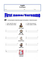 English Worksheet: First name and Surname worksheet