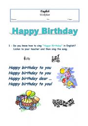 English Worksheet: Happy Birthday Song worksheet