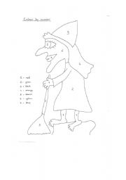 English worksheet: witch colour by number