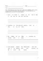 English Worksheet: Rearranging words to form grammatical sentences