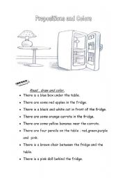 English Worksheet: Enjoyable Revision of Colors and Prepositions and also some basic nouns.