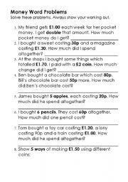 English Worksheet: Money Word Problems