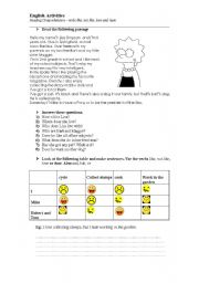 English Worksheet: Reading comprehension for elementary and the verbs like, love, hate