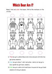 English Worksheet: Find and color the teddy bears clothes!