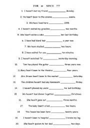 English Worksheet: present perfect for or since