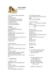 English Worksheet: Kelly Clarkson_Because of you , with activities
