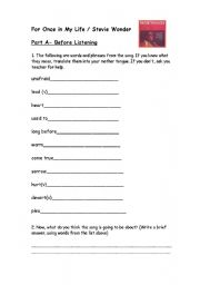 English Worksheet: For Once in My Life/ Stevie Wonder