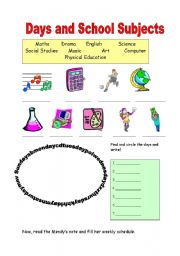 English Worksheet: days and School Subjects