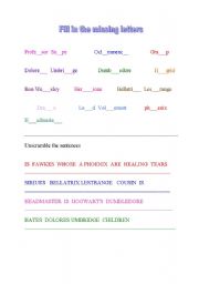 English worksheet: Harry Potter missing words & scrambled sentences