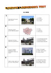 English Worksheet: LONDON LANDMARKS TEST - B Row