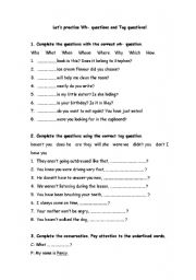 English Worksheet: lets practise wh and tag questions