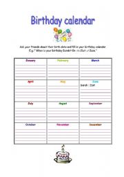 English Worksheet: Birthday calendar