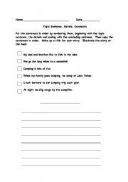 English Worksheet: Paragraph Writing, Toipic Sentence, Main Idea, Details, Conclusion