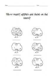 English worksheet: How many apples are there on the trees?