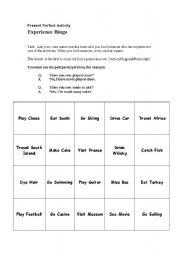 English Worksheet: Experience bingo for present perfect