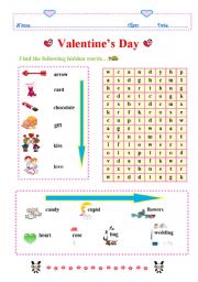 English Worksheet: valentine word search