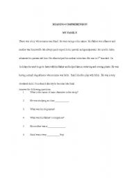 English worksheet: reading comprehension about family