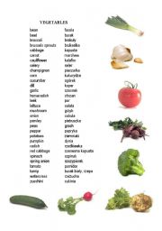 fruits and vegetables list for kids