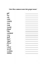 English Worksheet: Changing common nouns to proper nouns.