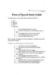 English Worksheet: Parts of Speech Study Guide