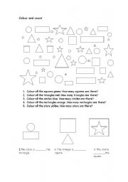 English Worksheet: Shapes- colour and count