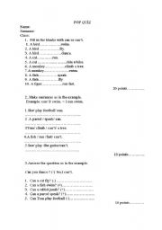 English worksheet: Pop quiz for can/cant
