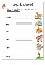 English Worksheet: reorder the retters to make a correct animal name