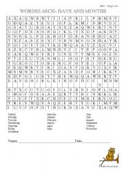 months and days wordsearch