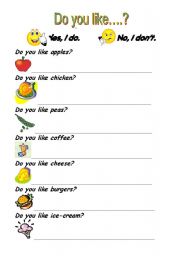 English Worksheet: Do you like...? Short answers. 