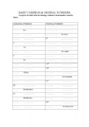 English worksheet: BASIC CARDINAL & ORDINAL NUMBERS FOR DATES