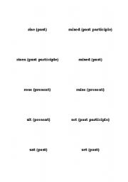 English worksheet: Troublesome verbs: rise/raise, lay/lie, set/sit PART ONE