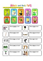 English Worksheet: ANIMALS AND BODY PARTS