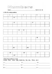 English worksheet: Number recognition - seeing the 1 to 9 cycle, writing number names, reading number names and writing numbers