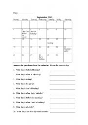 English Worksheet: Days of the Week--(before, after)