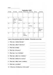 English worksheet: Days of the Week--(before, after)