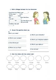 English Worksheet: Introductions, colours, school objects, family