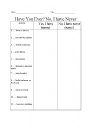 English Worksheet: Have you ever?