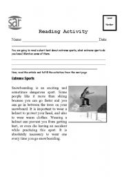 English Worksheet: Extreme Sports Reading Comprehension